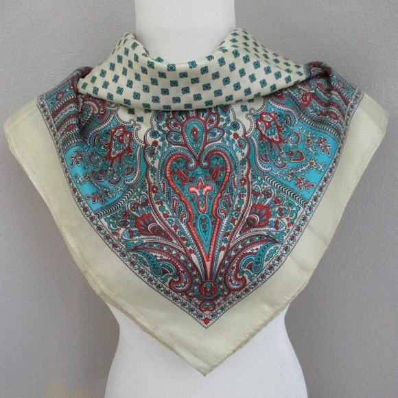 Vintage Accessories - Teal, light yellow & red paisley scarf